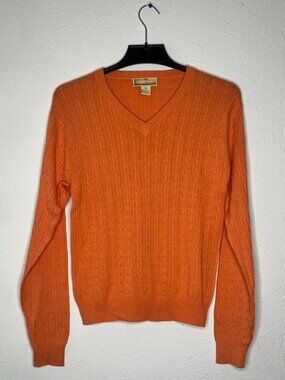 Women's Bobby Chan Orange Cable Knit Sweater Top V-neck Silk Cotton Size Medium